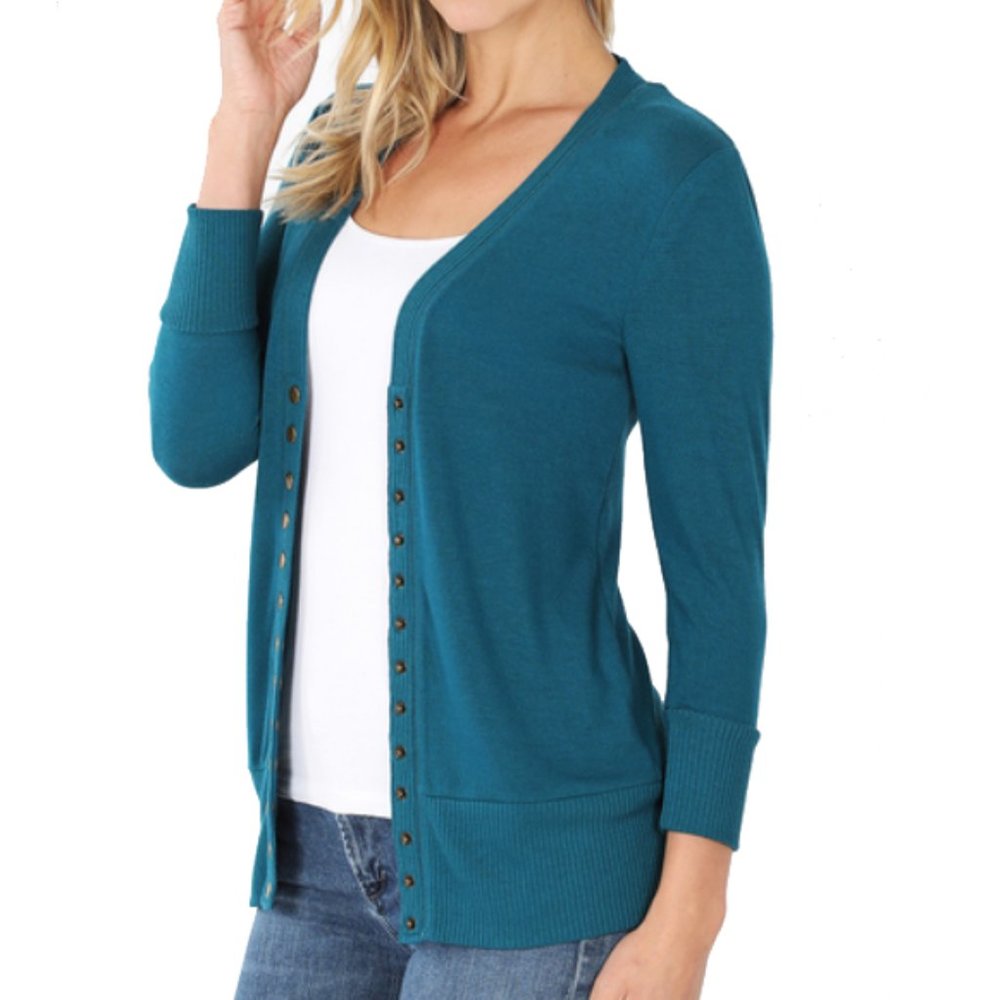 TEAL 3/4 Sleeve Snap Button Cardigan